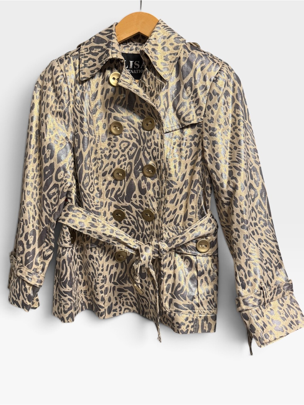 Lisa International Leopard-Print Metallic Trench Coat in Gold and Gray